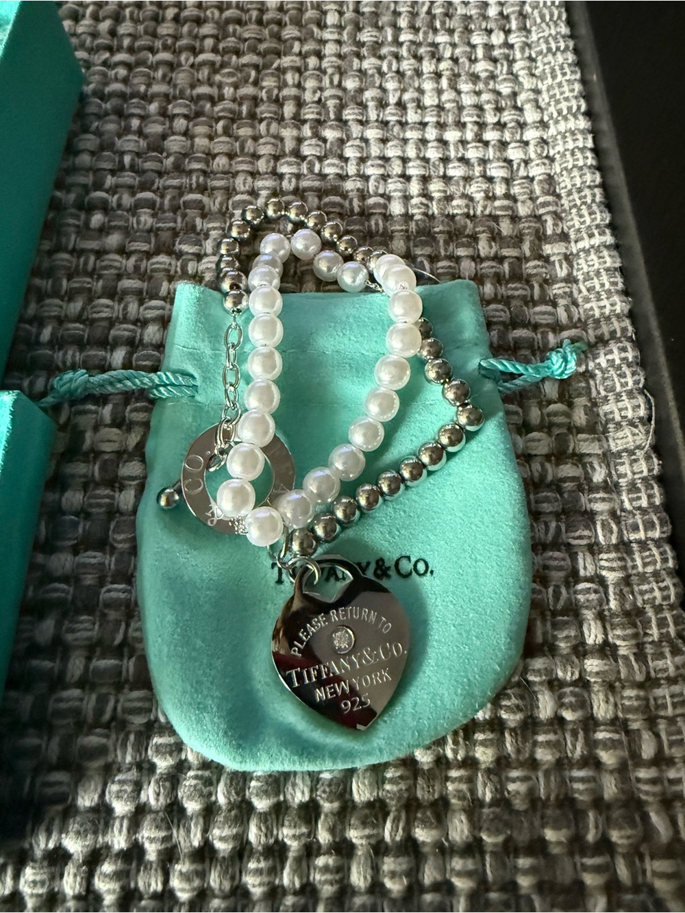 Pearl and Silver Heart Charm Bracelet - Turquoise Pouch